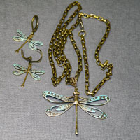 Antique Brass Verde 18-22" Dragonfly Pendent Earrings & Chain $38
