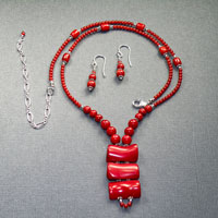 Sterling Silver 16-20" Red Coral 3 stone drop $44